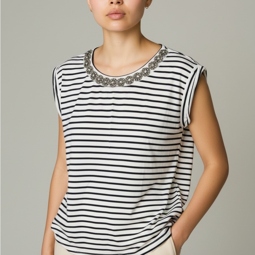 Cupio Black and White Striped Tee with Embellished Neckline